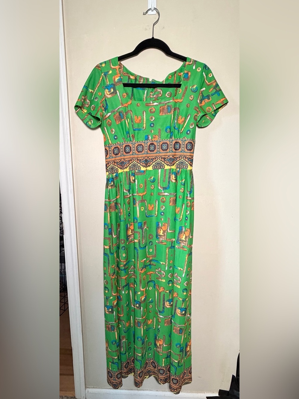Vintage 60s 70s Ruth Walter Green Psychedelic Maxi Dress Size 12 Mod Boho